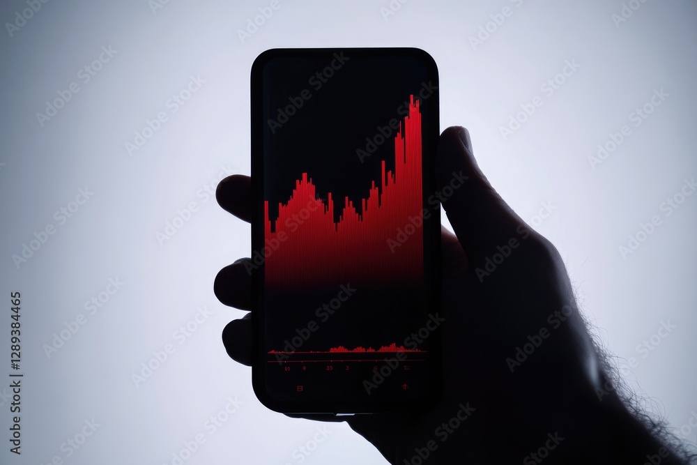 Aufkleber a hand holds a smartphone displaying a red graph showing a sharp decline, symbolizing financial loss