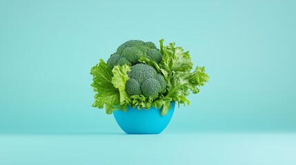 A vibrant blue bowl filled with fresh green broccoli and lettuce against a pastel background, showcasing organic produce appeal.