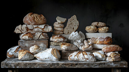 Rustic artisan bread loaves stacked on wooden table against dark background