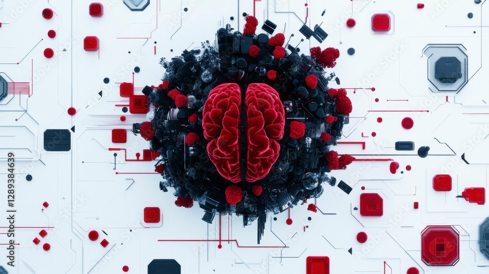 Poster a visually striking and abstract representation of a brain surrounded by futuristic elements and dig