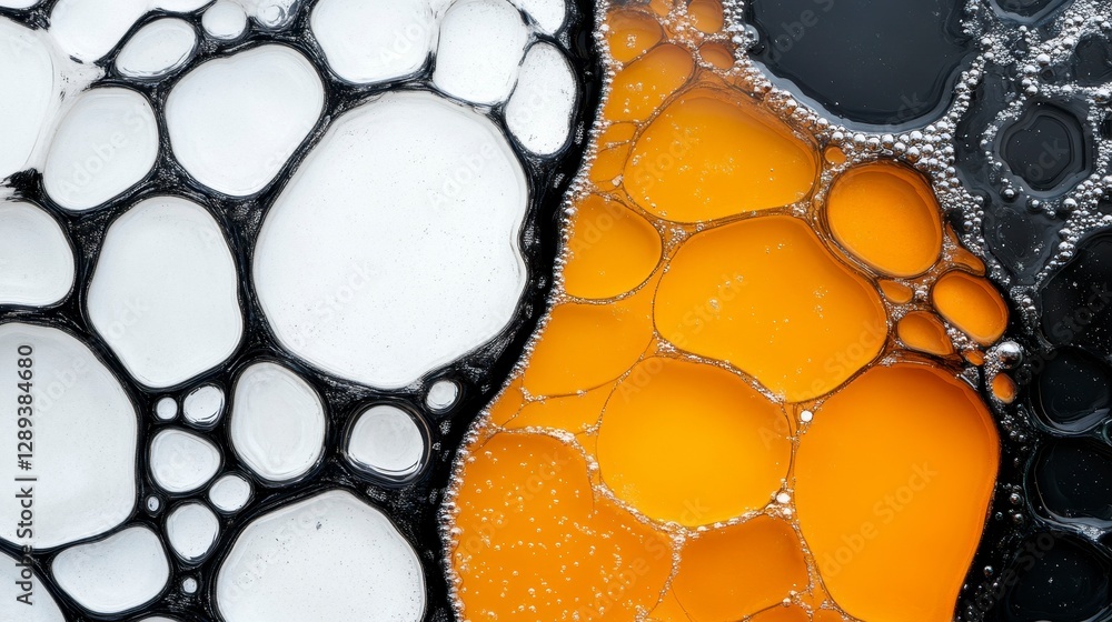 Poster an abstract close-up of colorful bubbles contrasting against a black and white background, creating 