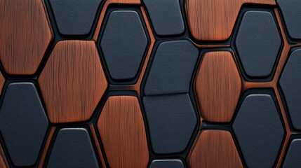 A modern abstract wall design featuring a geometric arrangement of hexagonal panels in contrasting wood and black textures