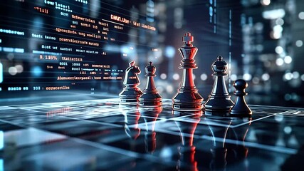 A futuristic chess scene with digital holographic pieces, overlaid with live stock trading data, representing the intersection of AI, finance, and strategic planning. - Powered by Adobe