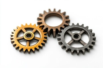 Three interlocking gears, bronze and steel, symbolize teamwork, mechanics, and industrial design.