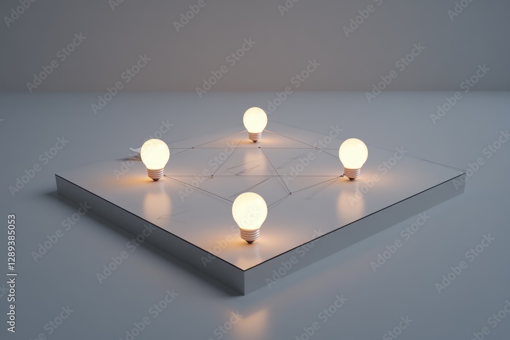 Poster four illuminated lightbulbs interconnected on a platform, symbolizing networked ideas and innovation