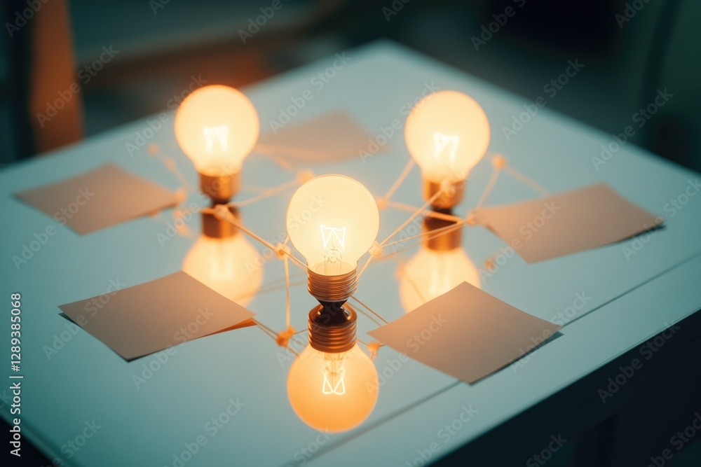 Poster interconnected light bulbs represent a network of ideas and brainstorming sessions on sticky notes.