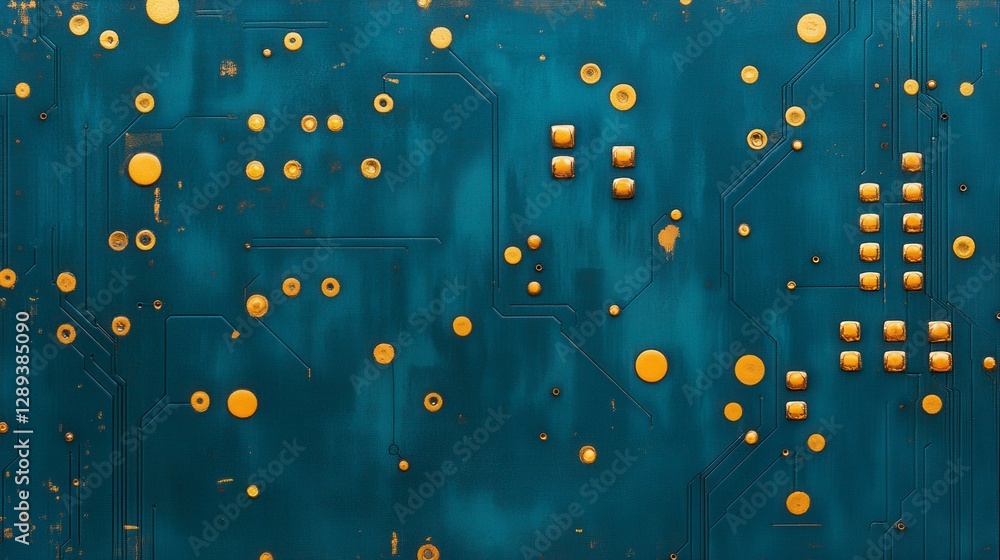 Poster abstract blue and gold circuit board design featuring circular and square elements in artistic arran