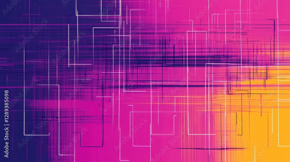 Poster abstract lines and shapes creating a vibrant and dynamic blend of purples, pinks, and yellows in a m