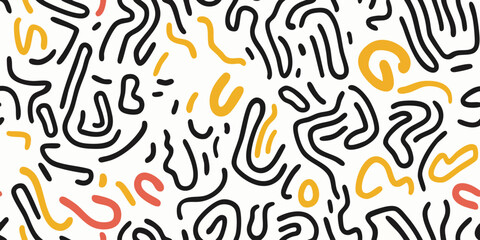 Black yellow line doodle seamless pattern. Creative abstract art background collection for children or festive celebration design. Simple childish scribble wallpaper print texture