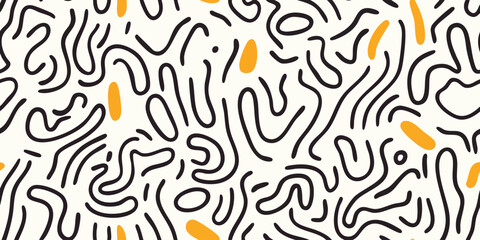 Colorful line drawing doodle seamless pattern. Playful and modern repeat background for kids design, fabric, textiles, packaging, wallpapers, invitations, and branding