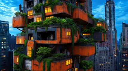 Fototapeta premium Futuristic urban dwelling featuring green architecture with nature integrated into a towering structure at dusk