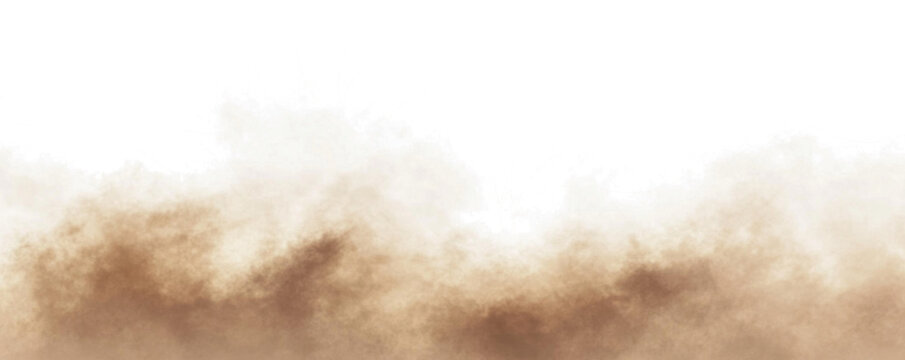 Dust sand soil smoke cloud particles isolated on transparent white background. Brown sandstorm smog sand dust explosion rising. Design elements for Compositing, covering, overlay, PNG