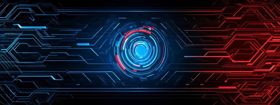 Futuristic abstract digital background featuring intricate circuit patterns and illuminated central elements in contrasting red and blue tones