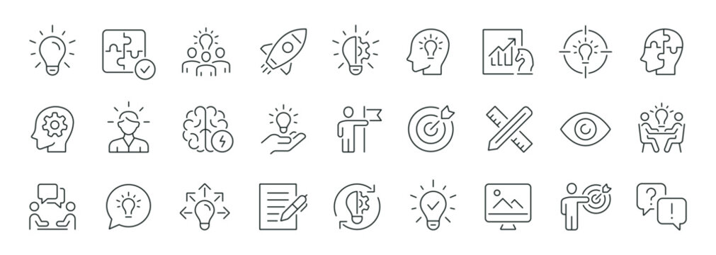 Creativity thin line icons set. Idea, creative solution and thinking, innovation icon. Editable stroke. Vector illustration