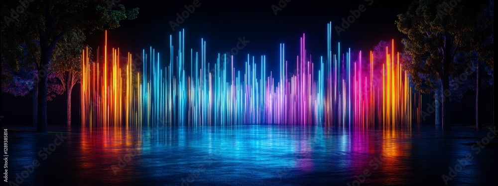 Poster vibrant light installation reflecting on water creates a mesmerizing visual display in a tranquil ni