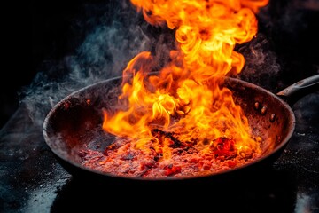 Flames erupt from a frying pan as meat cooks over high heat in an outdoor kitchen. Smoke billows and the vibrant colors of the fire contrast with the dark background