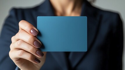 A professional lady presenting a plain blue business card, corporate solid white background.