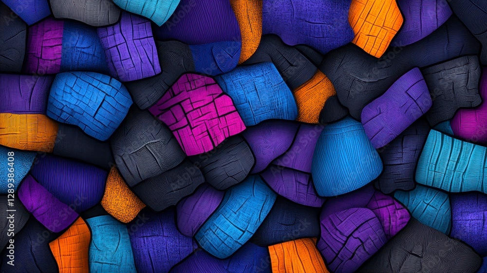 Poster a vibrant abstract composition of textured fabrics in various colors, showcasing a blend of shapes a
