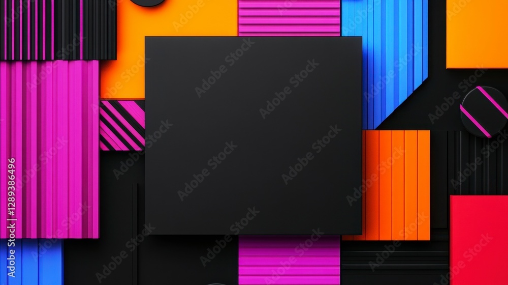 Poster a vibrant and dynamic abstract layout featuring colorful geometric shapes and textures on a black ba