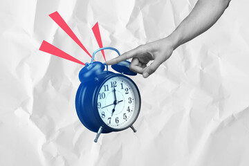 Composite art 3d creative image collage of human hand hold alarm clock deadline ring early morning...