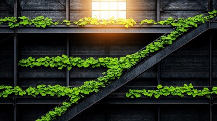 Vivid green vines gracefully climbing a staircase in an industrial space illuminated by a large window