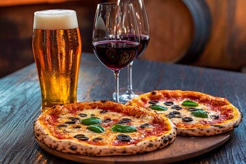 Two freshly baked pizzas topped with olives and basil sit on a wooden board next to a glass of golden beer and a glass of rich red wine, creating an appetizing setting