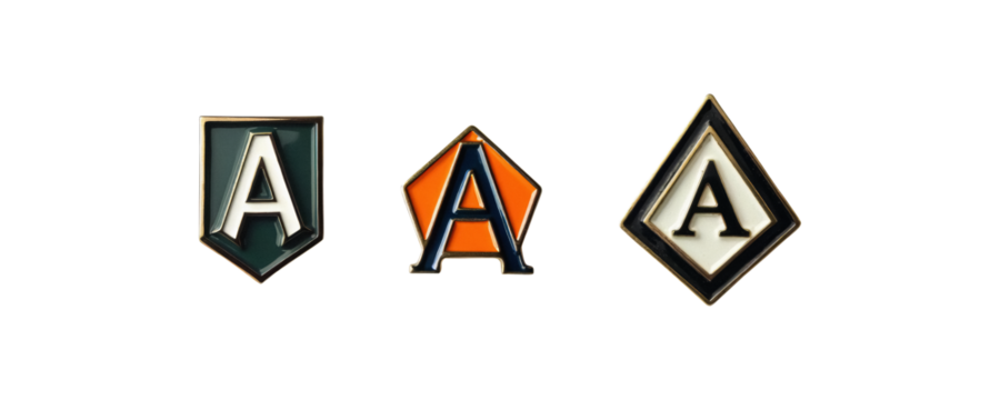 Set of enamel pin with a letter “A”, polished and colorful, metal badge with retro style, transparent background - Powered by Adobe