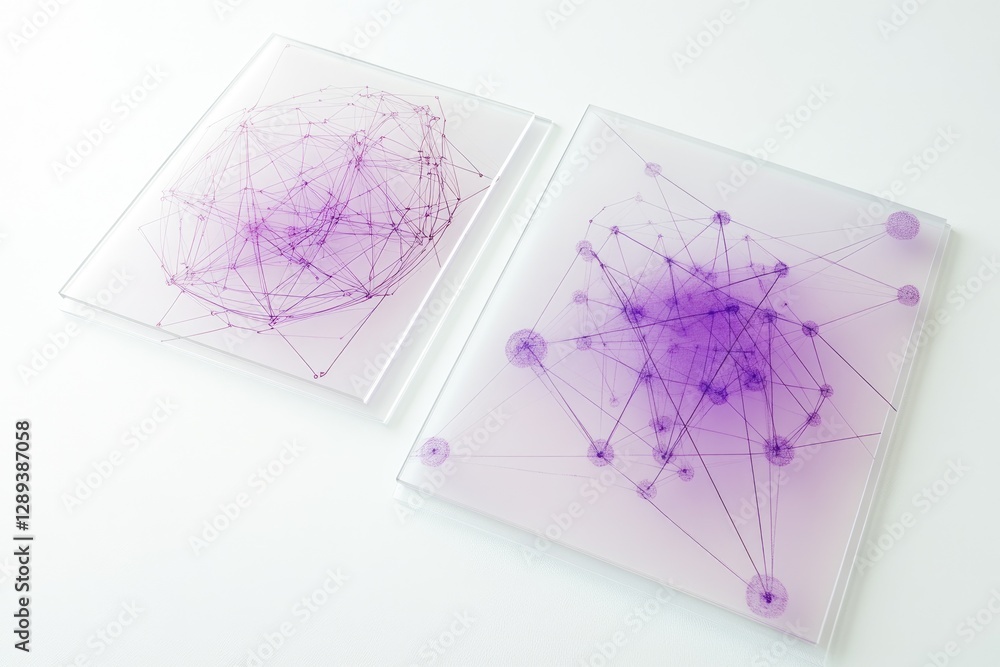 Poster abstract artwork depicting interconnected nodes on two translucent panels, showcasing network concep