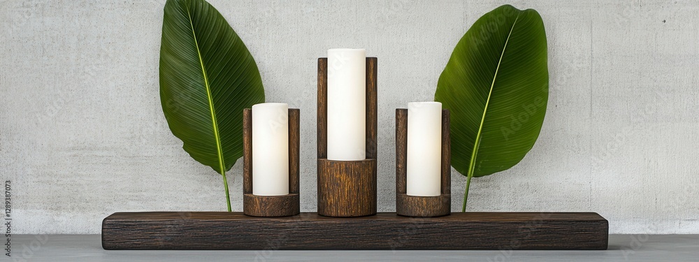 Poster Elegant candle display featuring natural elements and a minimalist design in a serene setting