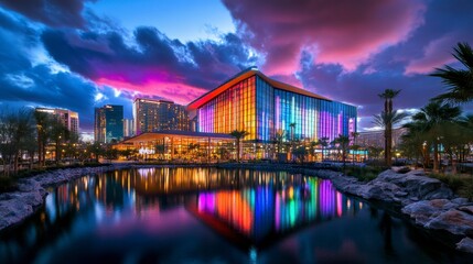 Fototapeta premium Vibrant sunset over a modern architectural gem reflected in tranquil waters, showcasing the essence of urban life and nature