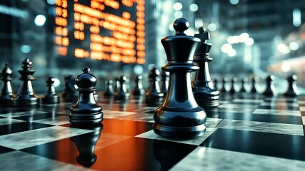 An intense chess game in progress, with a digital stock market ticker floating in the background, representing calculated risk and market strategies. - Powered by Adobe