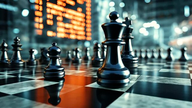 An intense chess game in progress, with a digital stock market ticker floating in the background, representing calculated risk and market strategies.