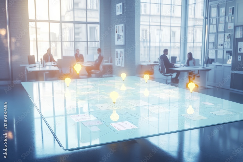 Poster blurred image of a modern office with glowing lightbulbs on a glass table showcasing collaborative b