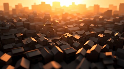 Obraz premium Sunrise over a vast city of low-poly buildings.