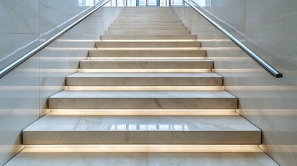 A modern staircase made of marble with handrails going up