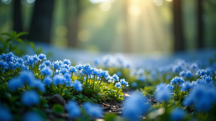 Obraz premium Forget-me-nots carpeting the forest floor in soft blue hues
