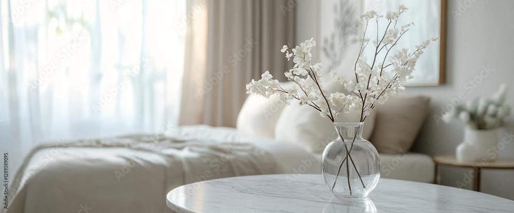 Poster a vase with delicate white flowers placed on a marble table in a bright, minimalist bedroom with sof