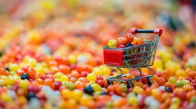 A miniature shopping cart is filled with vibrant candy-like objects, set amidst a sea of multicolored jelly beans, creating a playful and eye-catching scene. - Powered by Adobe