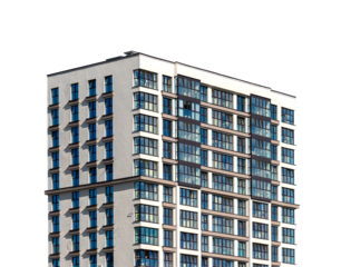 Modern apartment building in an urban cityscape with sleek, contemporary architecture. condominium block, residential development. Isolated on a white background