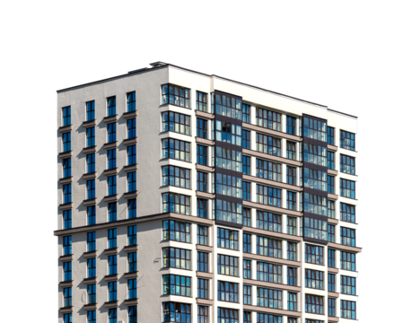 Modern apartment building in an urban cityscape with sleek, contemporary architecture. condominium block, residential development. Isolated on a white background