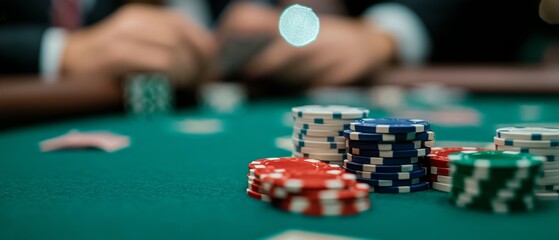 Fototapeta premium A poker table is laden with stacks of chips, creating a vibrant atmosphere of anticipation and the thrill of the gamble.