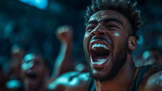 Basketball player celebrating a victory with teammates intense emotion on face. Generative AI