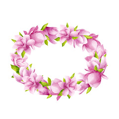 Wreath, round frame of pink magnolias with leaves on a white background empty for text. Hand drawn watercolor illustration. Suitable for the design of cards, invitations for celebrations.