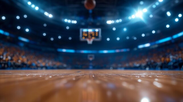 Close-up view of a basketball court with a blurred audience and an incoming basketball towards the hoop. Generative AI