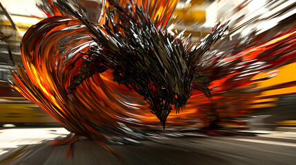 Fototapeta premium Fiery metallic beast charging through urban blur, abstract motion, digital art, game concept