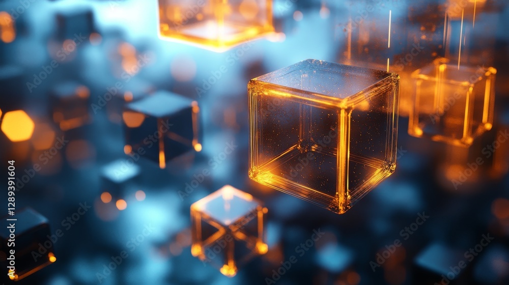 Aufkleber cubes in a futuristic abstract display with glowing lines and orange