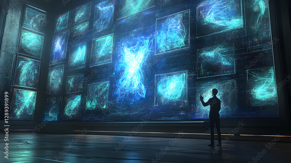 Poster man standing in front of a wall displaying colorful digital art and graphics
