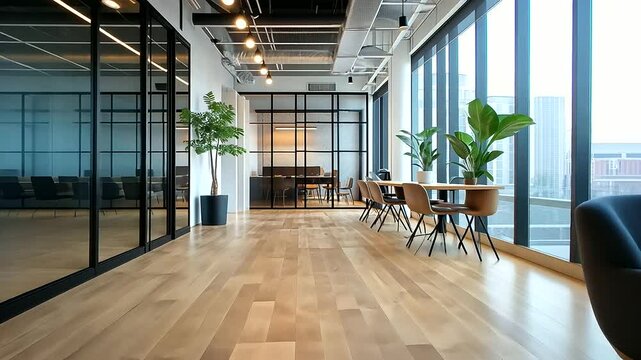 A chic startup office with an empty white wall, light wooden flooring, contemporary workspace furniture, and a cozy reading nook with stylish armchairs.