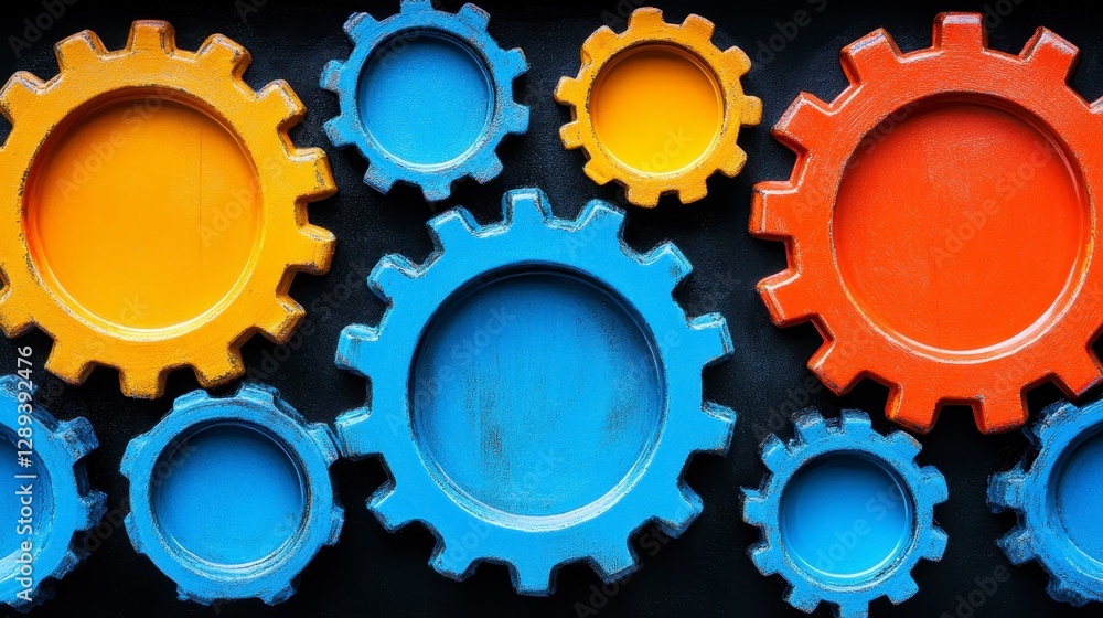 Poster colorful interlocking gears displaying a blend of shapes and hues for a dynamic industrial backdrop.