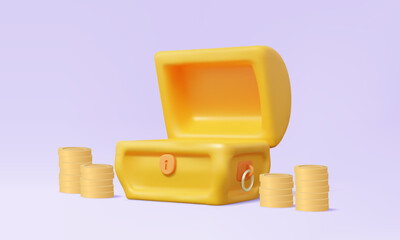 Treasure chest golden with stack coins glow on purple background. Open vintage box coffer greed wealth concept. Cartoon style minimal cute smooth design elements. 3d vector illustration 